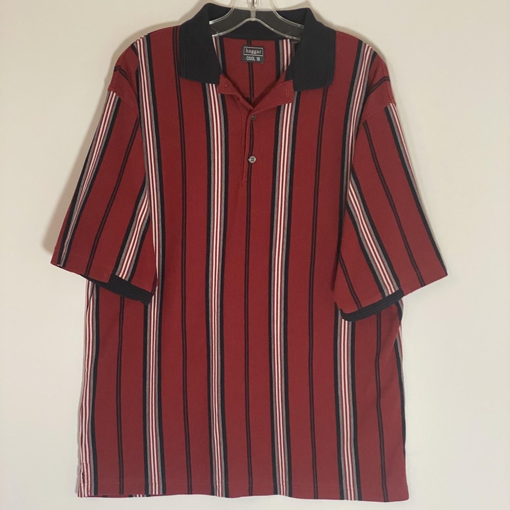 Haggar Polo Shirt Mens Large Red Striped Cotton Cool 18 Short Sleeve Casual Y2K